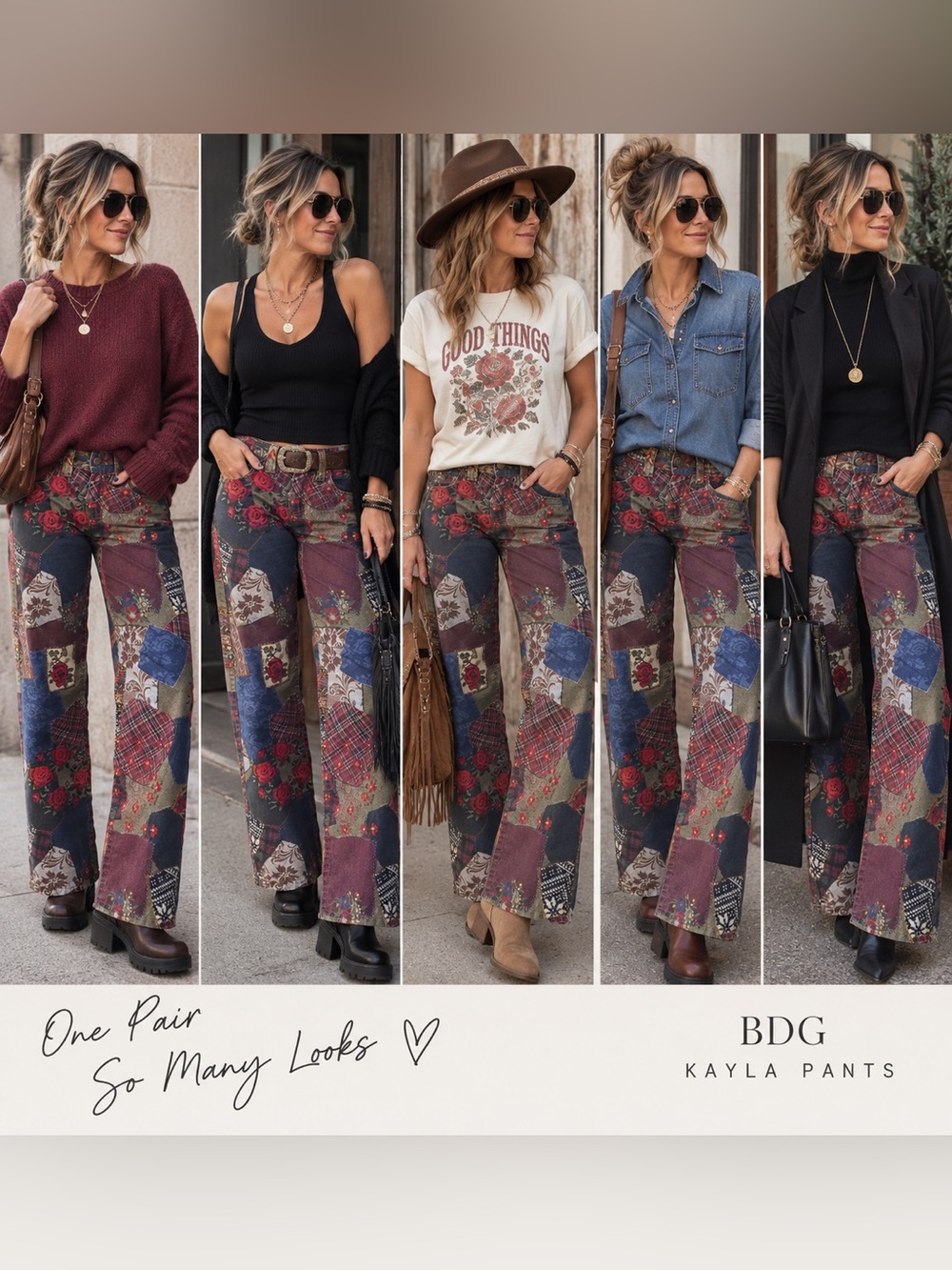 BDG Kayla Patchwork Wide-Leg Pants - Navy, Burgundy, Olive